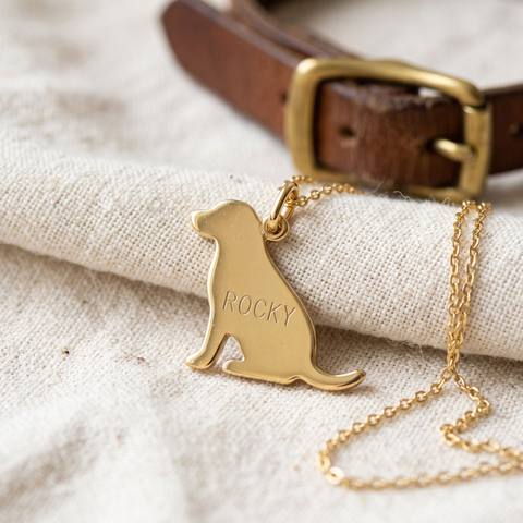 Dije dorado con silueta de perro y el nombre Rocky grabado
